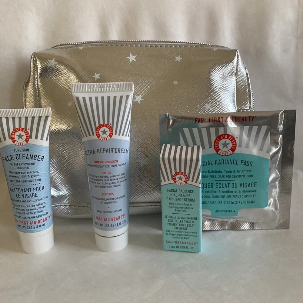 FIRST AID BEAUTY 5p Cleanser Repair Cream Dark Spot Serum Radiance Pads $40